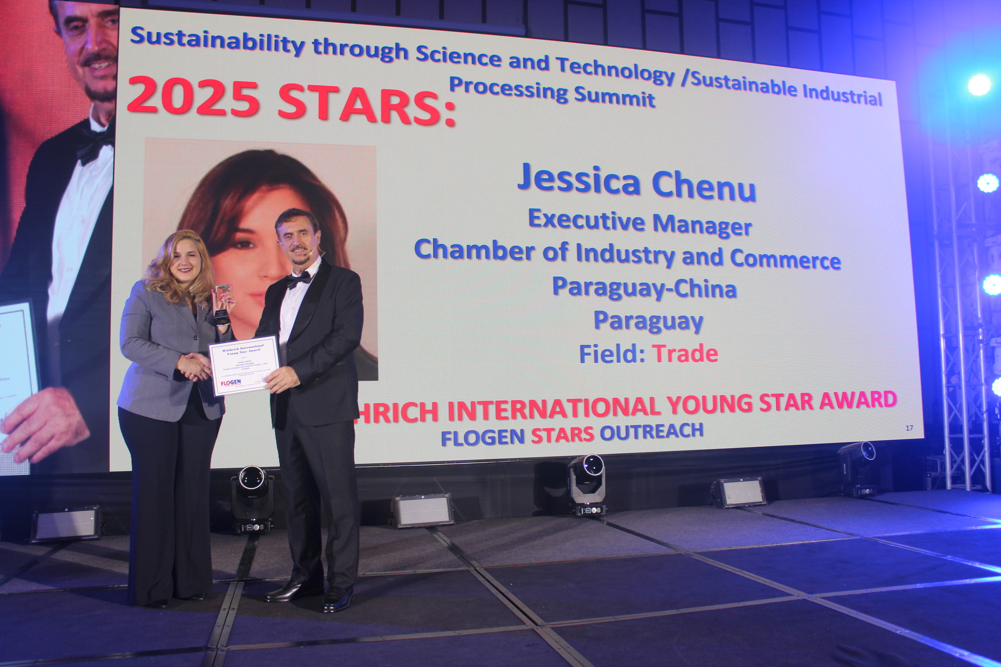 Ms. Jessica Chenu receiving the Wüthrich International Young Star Award from Dr. Florian Kongoli at FLOGEN SIPS 2025